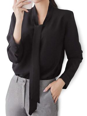 [LUXIA FILL] Women's Bow Tie Blouse, Black, XL, Ribbon Tie, Black, Plus Size, Loose Fit, Long Sleeve, Casual, Slim Fit, Button Blouse, Shirt, Elegant,