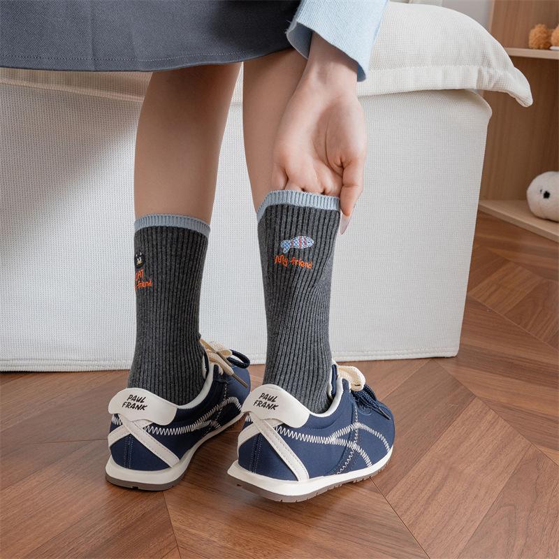 Socks Personality Trendy Socks Color Blocking Ab Version Embroidery Kitten Fish Letter Medium Socks Double Needle Stack Socks