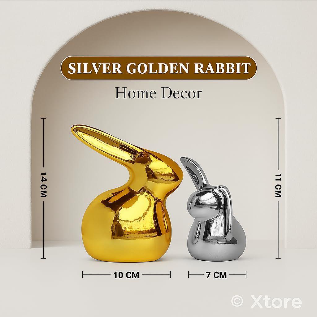 Home Décor Ceramic Cute Golden & Silver Rabbit Figurines (Set of 2, Golden and Silver)