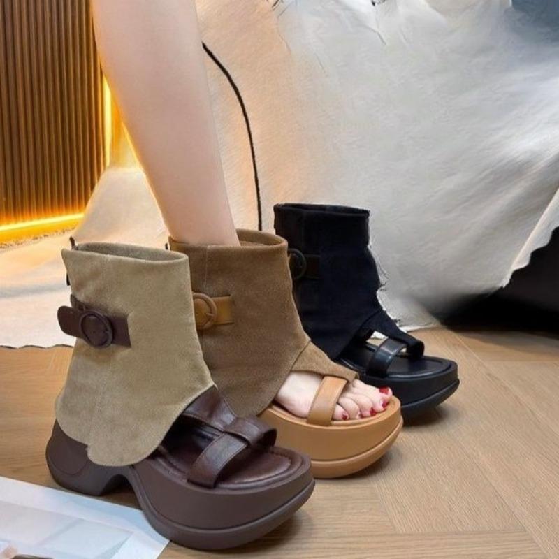 Fashion Summer High Heel Anti-slip Cooling Boots Women's New All-match Round Toe Small Platform Thick Tube Roman Sandals