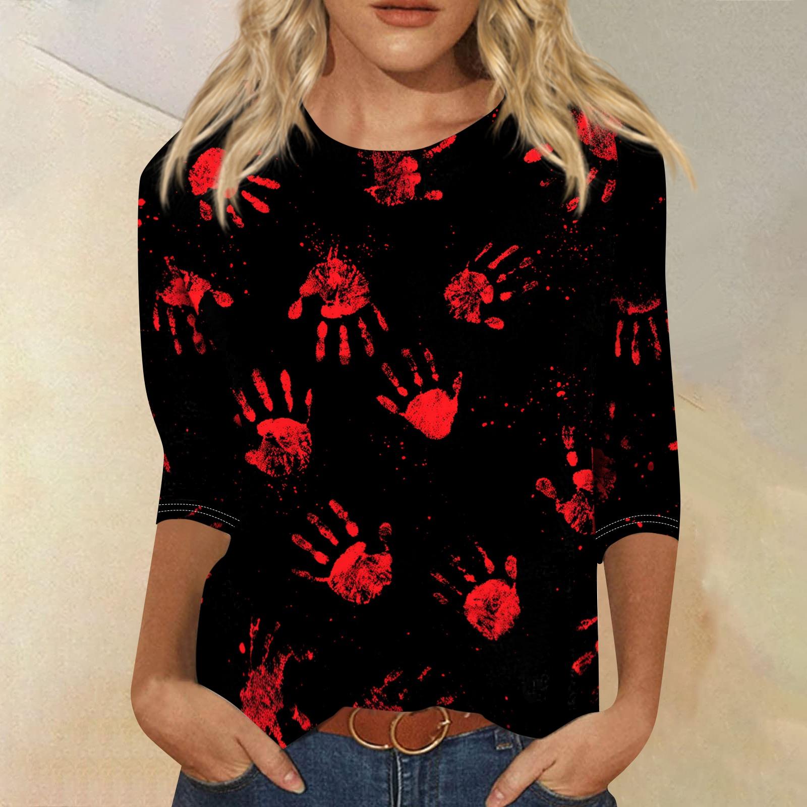 

Women s Halloween Print Shirt Three Quarter Sleeve Round Neck Loose Casual Blouse T Shirt Suitable for Seasonal Wear and Everyday Use S червоний
