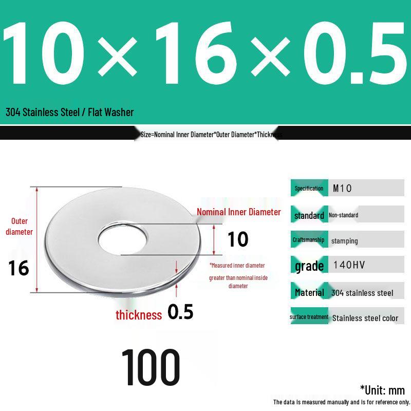 304 Stainless Steel Thickened Flat Washer Set, Sizes 2-36