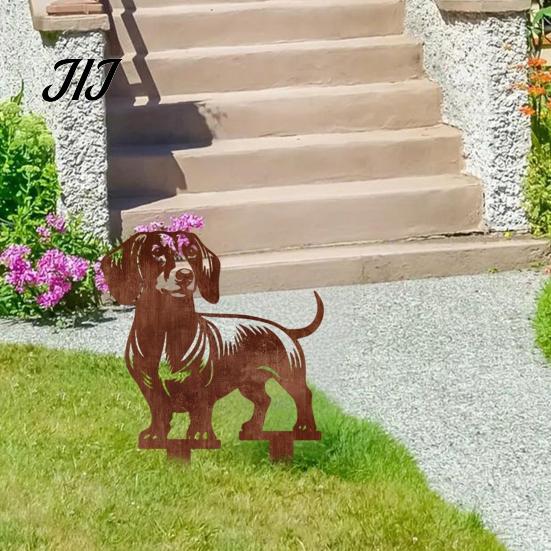 Dackel Gartenstecker Metallstab, Rostige Tier Silhouette Dekorative Hof Hund Dekoration Kunst für Außen Rasen, Weg, Terrasse, Blumenbeet Rustikales Schild