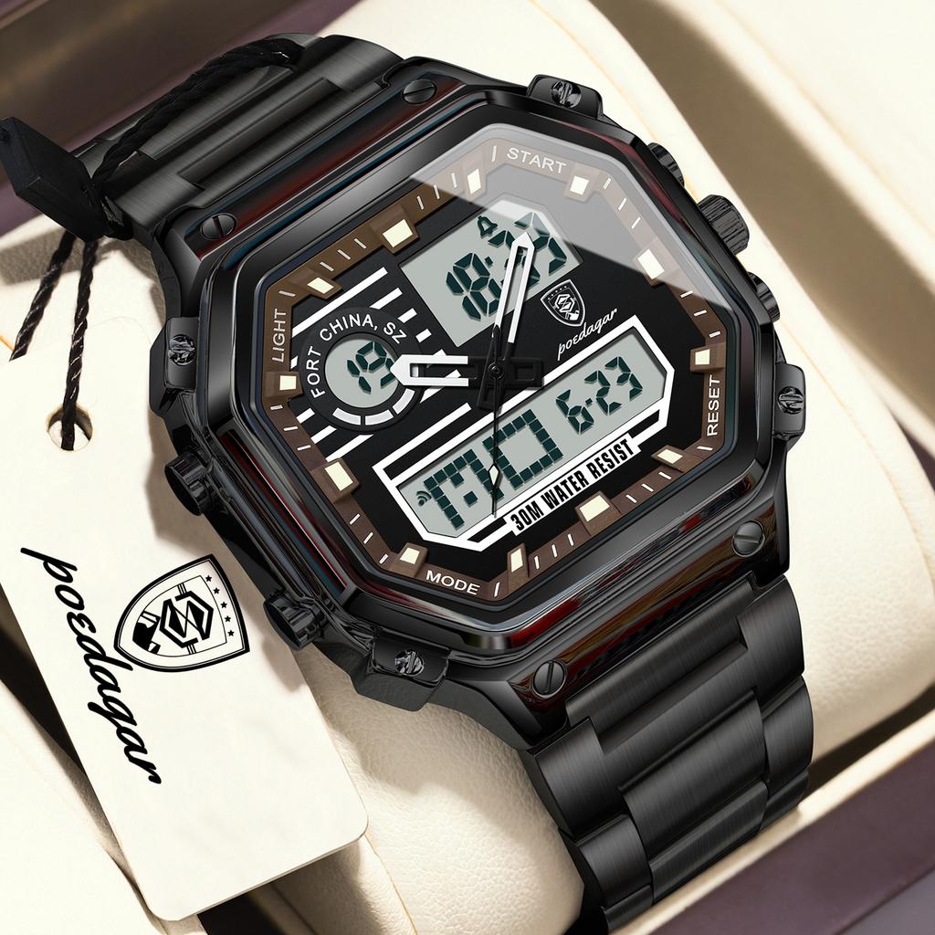 POEDAGAR Fashion Quartz Men Clock Waterproof Luminous Stainless Steel LED Man Watch Week Date Electronic Military Men's Watches