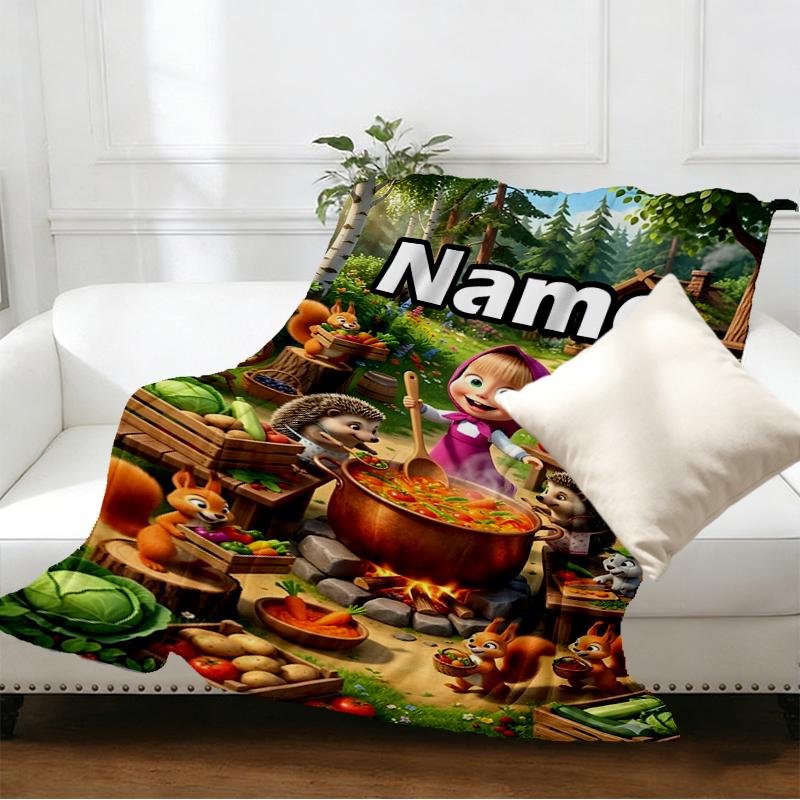 Custom Name Personalized Masha and The Bear Print Blankets, Home Decor, Bedroom, Sofa, Camping, Couch, Gifts for Birthday Christmas