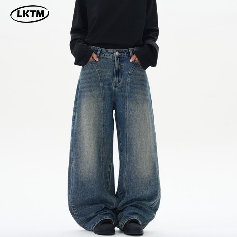 

LKTM American Retro Distressed Patchwork Scimitar Jeans - Unisex Trendy Loose Fit Sickle Pants XS [85-100 lbs]