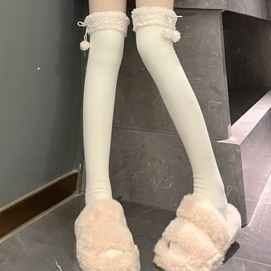 Autumn And Winter Thickened Lamb Wool Cute Sweet Ball Velvet Vertical Stripe Cotton Micro Pressure High Tube Knee Socks Long Tube