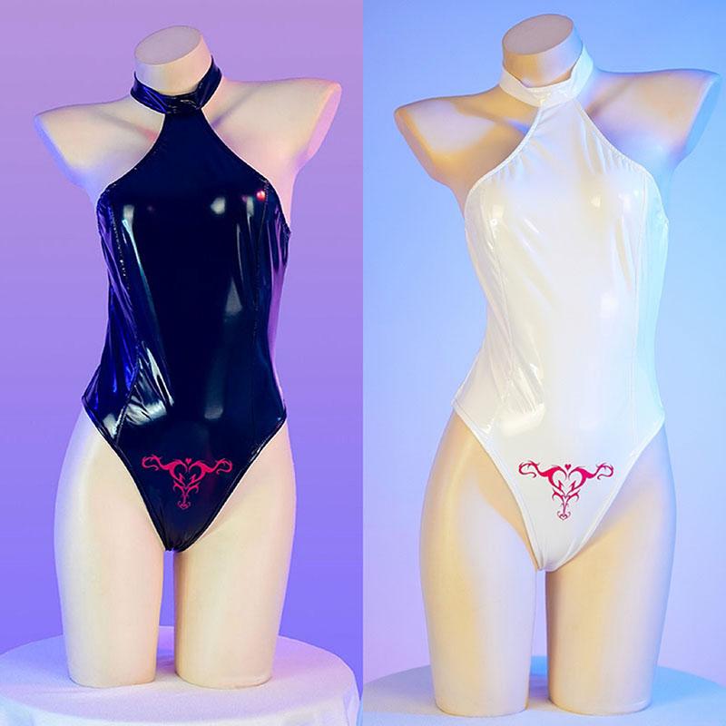 Heißes Sexy Anime PU-Leder Badeanzug Japanisches Mädchen Bodysuit Cosplay Kostüm Rückenfrei Niedliche Unterwäsche Nachthemd Rollenspiel Lingerie