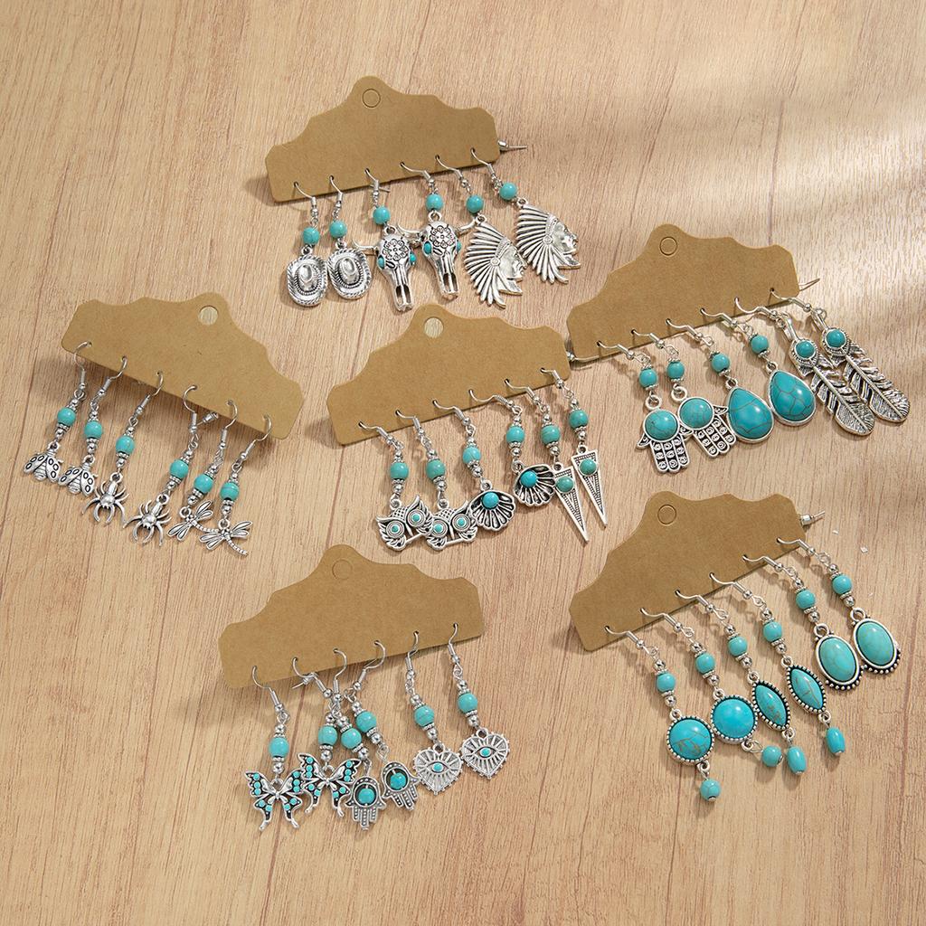 3 Pairs/set of Retro Turquoise Butterfly Feather Heart Inlaid Pendant Western Style Denim Earrings