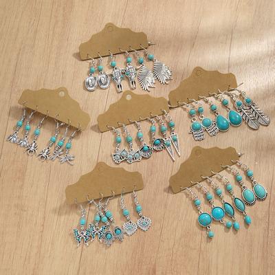 3 Pairs/set of Retro Turquoise Butterfly Feather Heart Inlaid Pendant Western Style Denim Earrings
