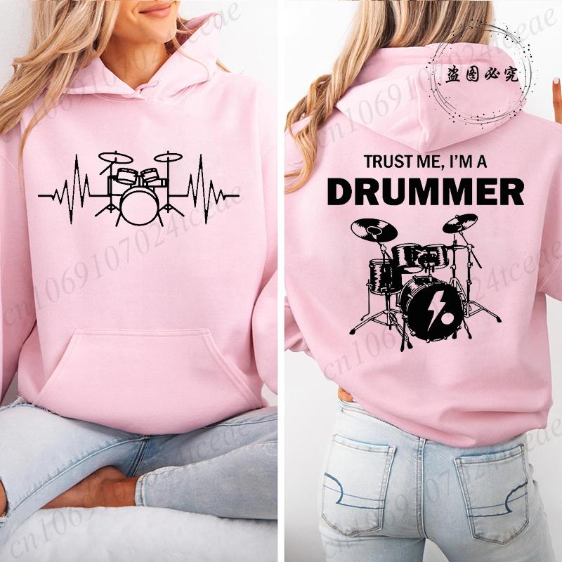Autumn Fleece Hoodie Drum Heartbeat Print Hooded Drummer Fashion Sweatshirt Long Sleeve Top Drumming Music Musician Band Hoodies