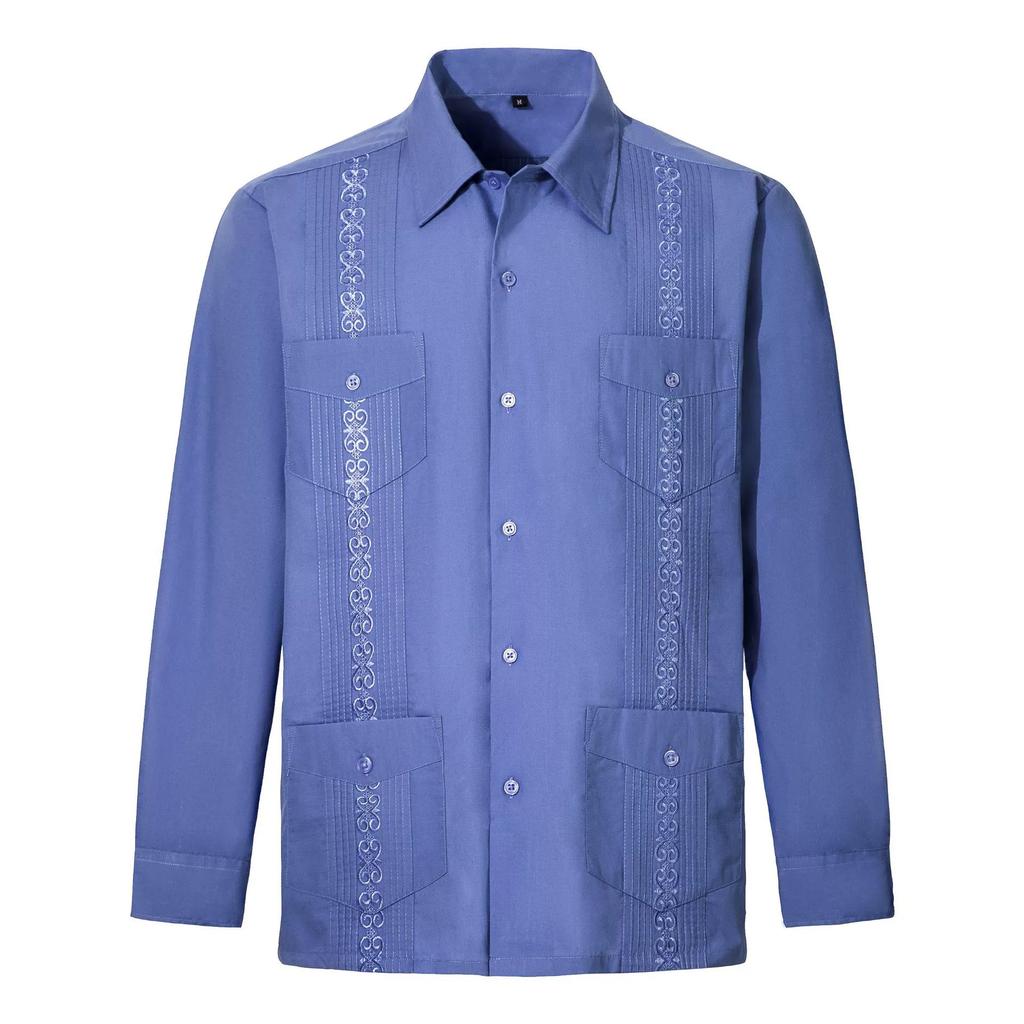 Men's Shirts Long-sleeved Buttons Casual Embroidered Shirts Four-pocket Shirts Tops