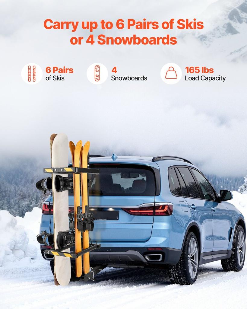 Klappbarer Ski- und Snowboardträger für die Anhängerkupplung, Passend für 50 mm Receiver, Trägt bis zu 6 Paar Ski oder 4 Snowboards, Verstellbarer, an der Anhängerkupplung montierbarer Träger für das Auto
