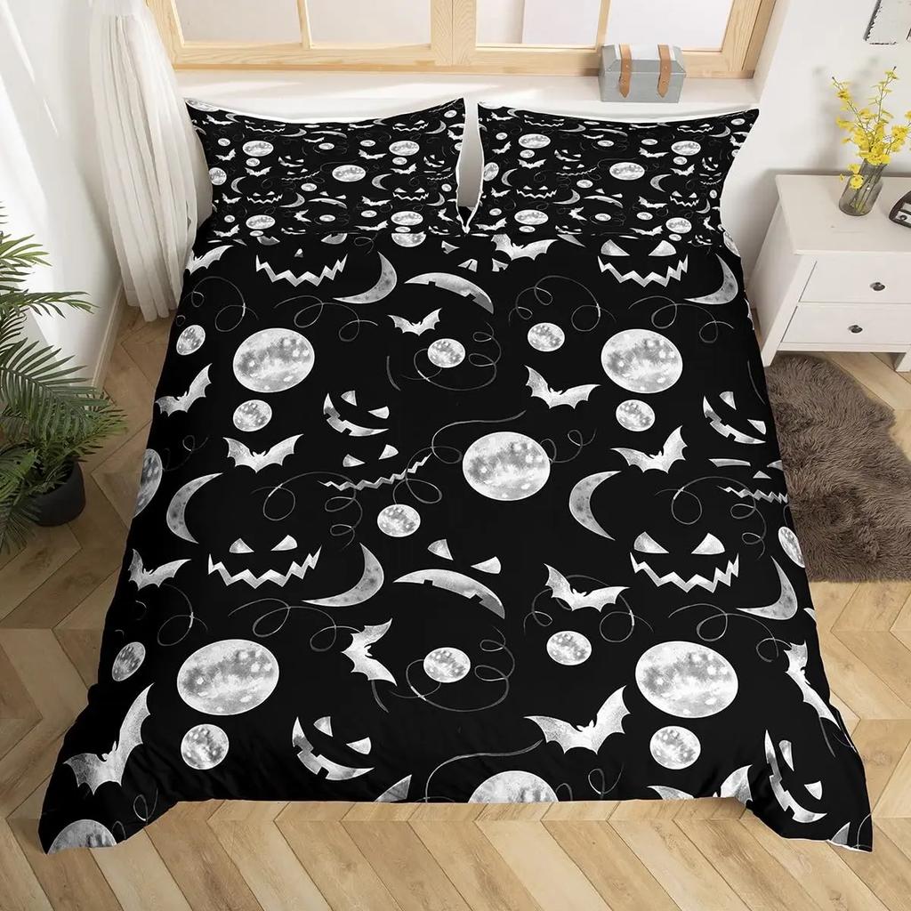 Spooky Dark Bats Duvet Cover Halloween Decoration Glitter Stars Moon Galaxy Bedding Set Cartoon Bat Gothic Comforter Cover Queen