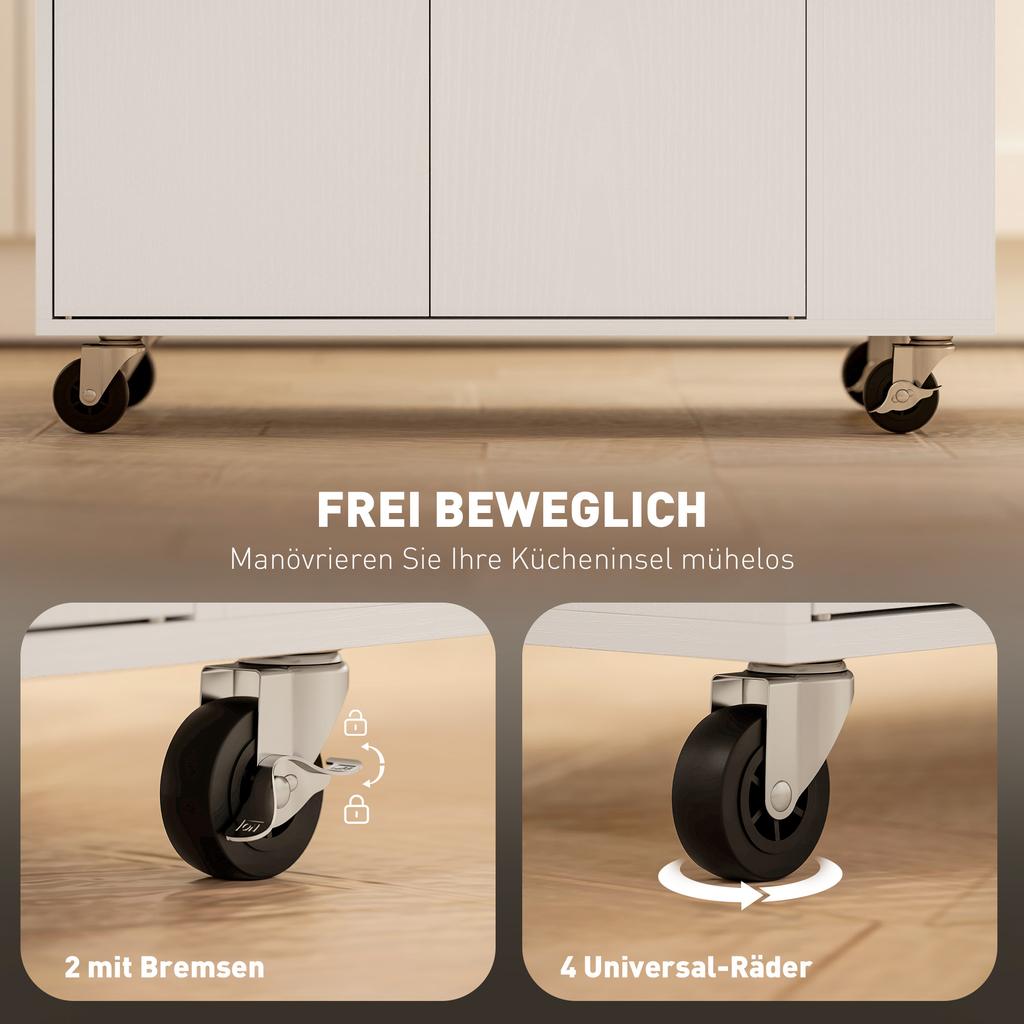 Rolling Kitchen Island with 3-Tier Spice Rack, Kitchen Storage Cart with Drawer and Towel Rack, White