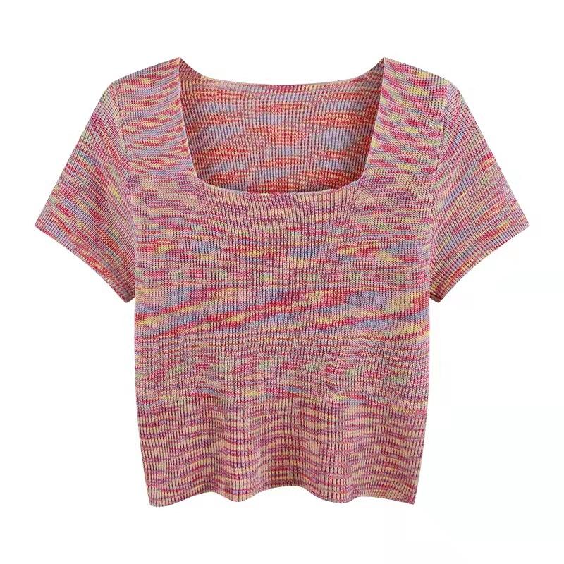 Sommer Neu Koreanischer Stil Schlichte Mode Regenbogenfarben Weich Wachsartig Quadratischer Kragen Kurzärmliger Pullover Damen T-Shirt Top
