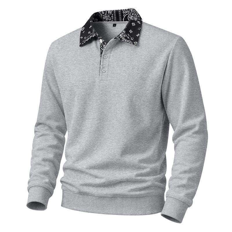 Mens Paisley Pattern Fleece Long Sleeve Polo Shirt American High Street Style