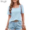 New Women's T-shirt Square Neck Hollow Short Sleeve