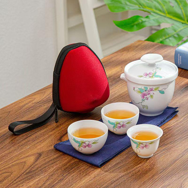 Set da Tè Kung Fu Cinese Set Teiera Portatile in Ceramica Tazze da Tè Gaiwan da Viaggio Tazza da Tè Cerimonia del Tè Tazza da Tè Bel Regalo con Borsa da Viaggio