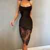 2024 Women Sexy Lace Patchwork Solid White Black Midi Dress Spring Summer Halter Lace-up Backless Clothing