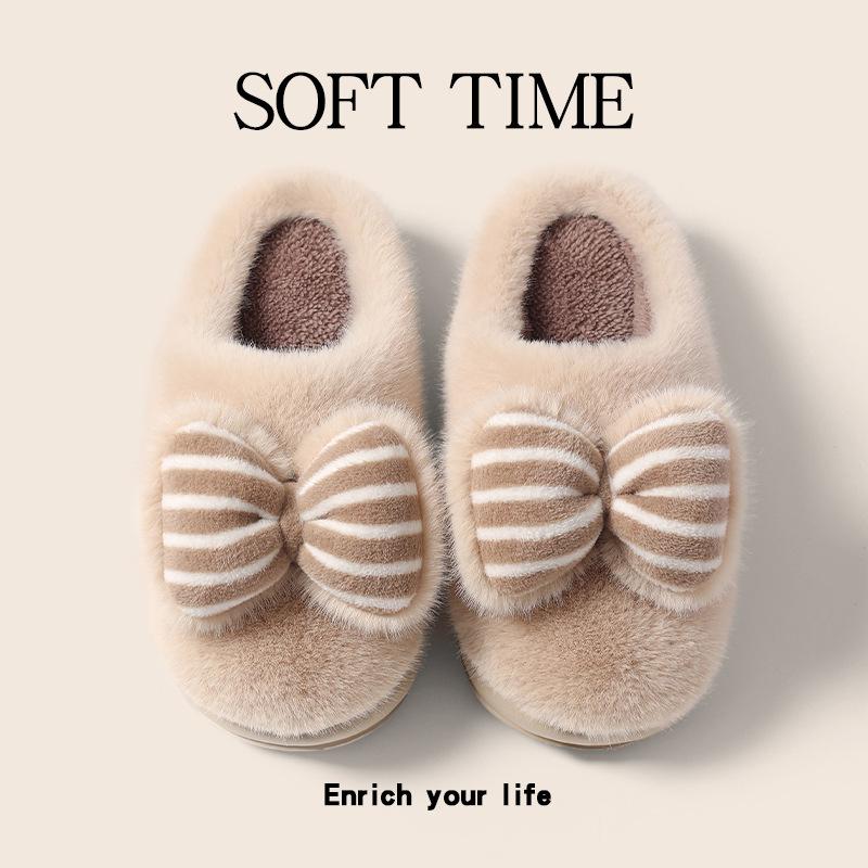 Bow Cotton Slippers Women's Autumn and Winter Indoor Home Cute Plush Thick Bottom Household Cotton Drag Women