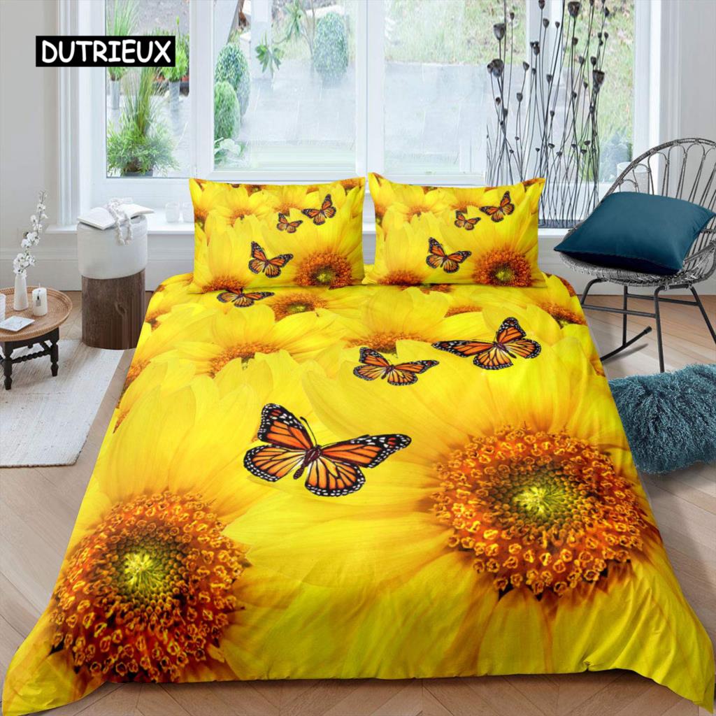 Sunflower Duvet Cover Set Queen Set Milk Cow Comforter Cover Black White Abstract Bedding Set Plant Leaf Polyester Quilt Cover