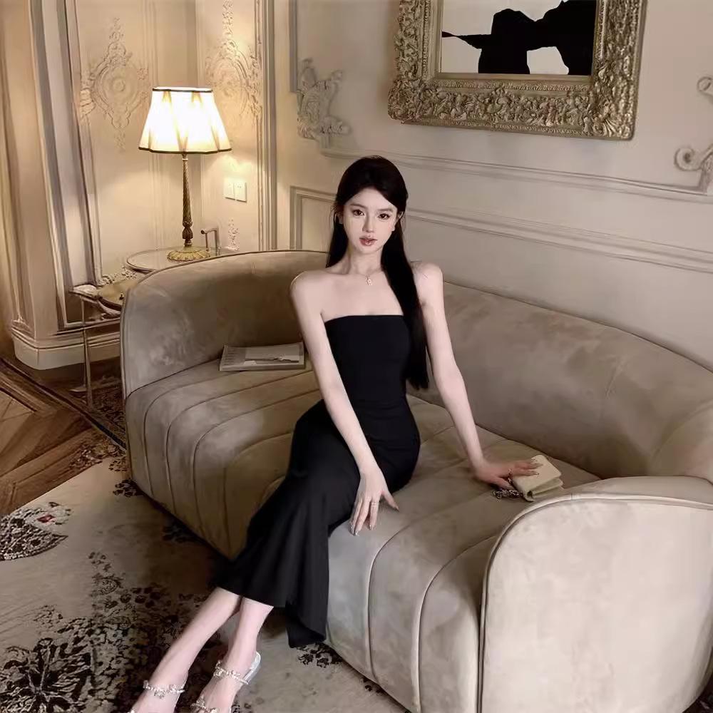 Sweet Spice Girl One-word Shoulder Tub Top Dress Women's Summer Pure Desire Bottom Inner Skirt Elastic Split Hip Wrap Long Dress