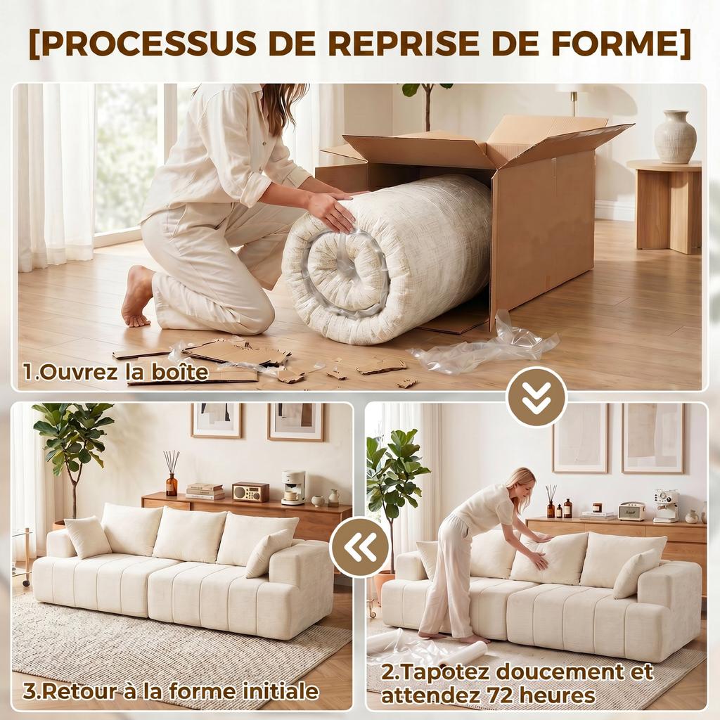 Chenille Sofa, 3-Seater, 248 cm, Wide Padded Seat, Spring Cushions, Beige