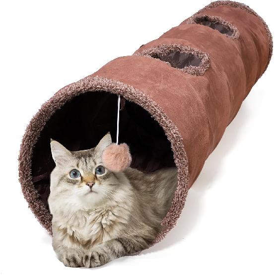 ZENFUN 51 x 12 Collasiple Cat Play Tunnel, Cats Tubes and Tunnels, Cat Foldable Hide and Seek Tunnel Toy, Brown Suede Pet Tube Toy for Rabbits,