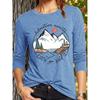 Women's Casual Sports Long-sleeve Shirt with Mountain Landscape Print, Round Badge, and Handwritten Slogan Adventure Awaits Let's Go Find