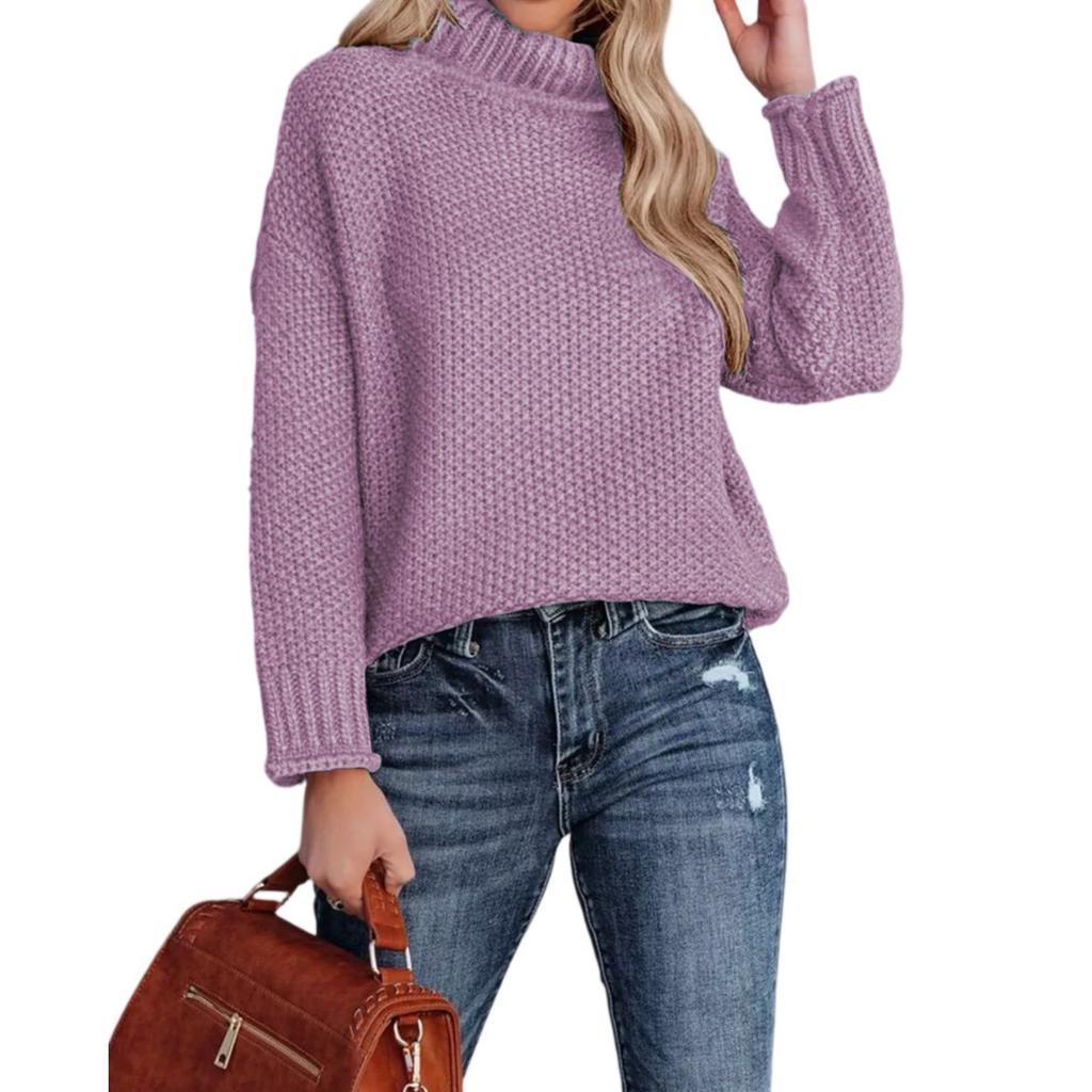 Fashionable Women's High-neck Knitted Sweater With Long Sleeves And Rolled Hem