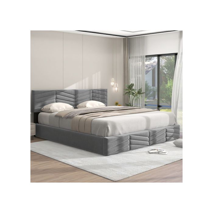 Lit Rembourré - MUVOE - 180 X 200 - Tête De Lit Réglable - Fonction De Stockage - Style Rayé