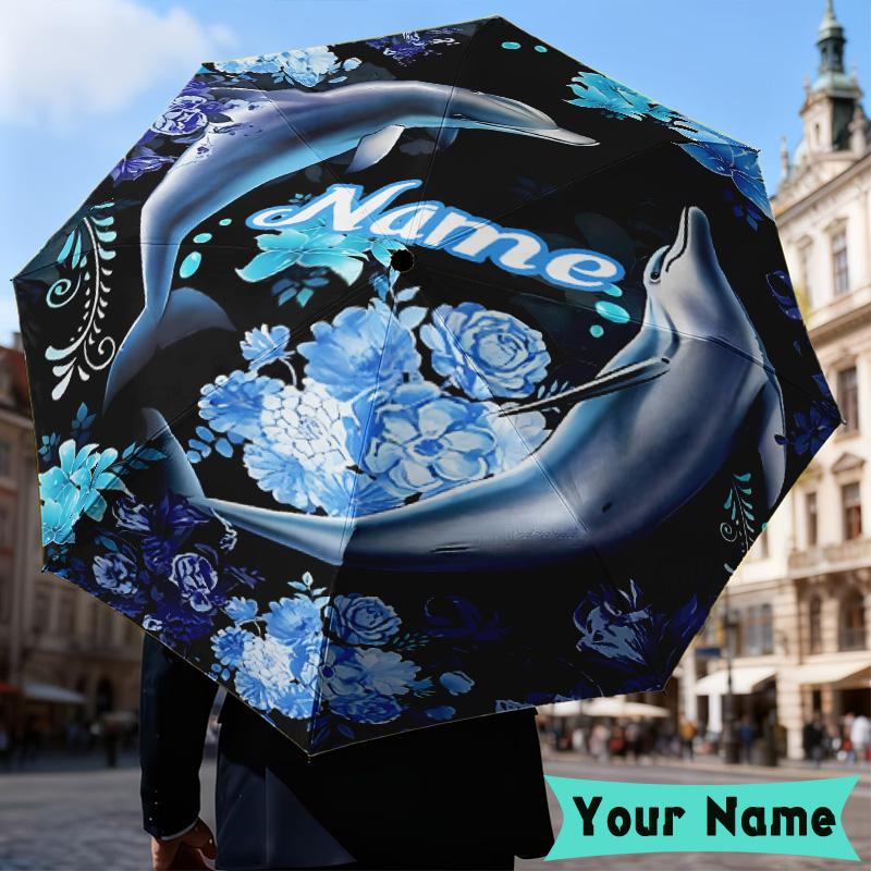 Custom Name Love Dolphins Heart Umbrella, Foldable Umbrella Suitable for Outdoor Shopping Travel Sports, Exquisite Gift for Family