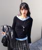 Awoseiawo V-Neck Layered Studded Slim Long Sleeve Black