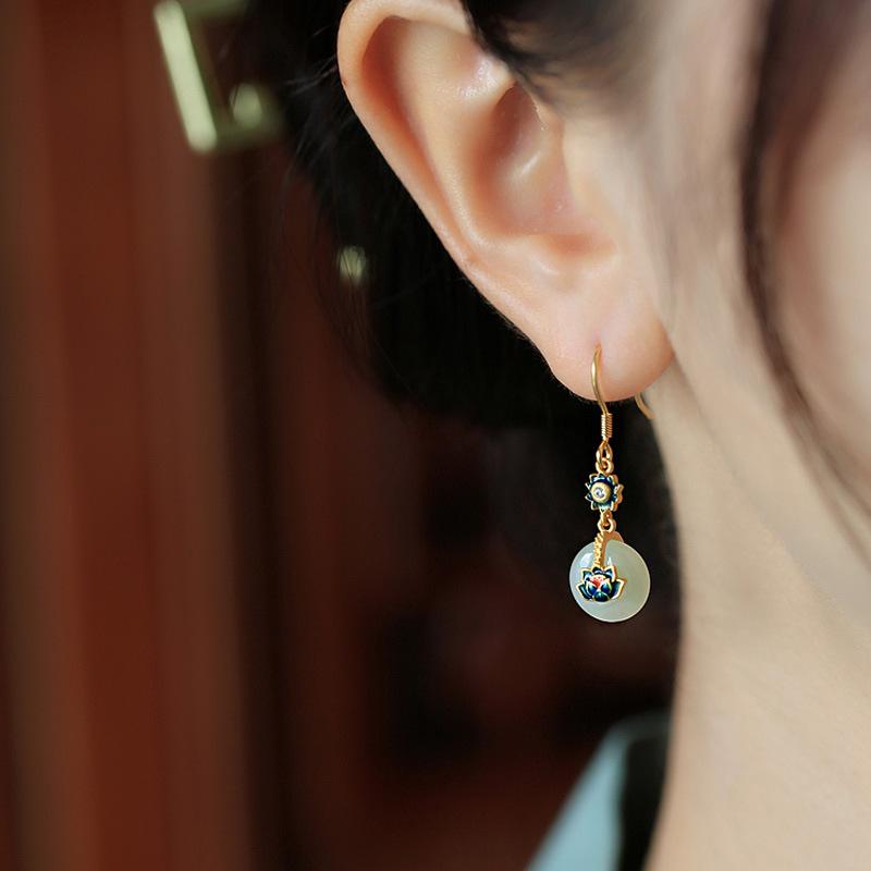 Hetian Jade Ear Hook Earring Women's High-end Temperament Ethnic Retro Earrings Cloisonne Craft Dangler Gift