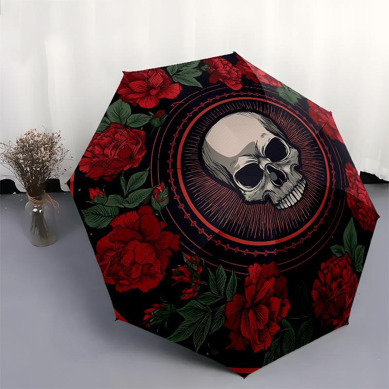 Day of the Dead Skull & Roses Circular  PrintUmbrella, Portable 3-Fold Compact Umbrella,Christmas Gift ES582