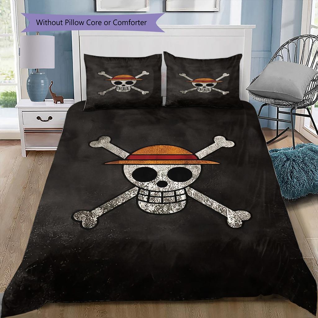 One Piece Straw Hat Pirates Pattern Bedding Quilt Set Quilt Cover Pillowcase Home Birthday Gift(1 * Duvet Cover + 2 * Pillowcase, Without Core)