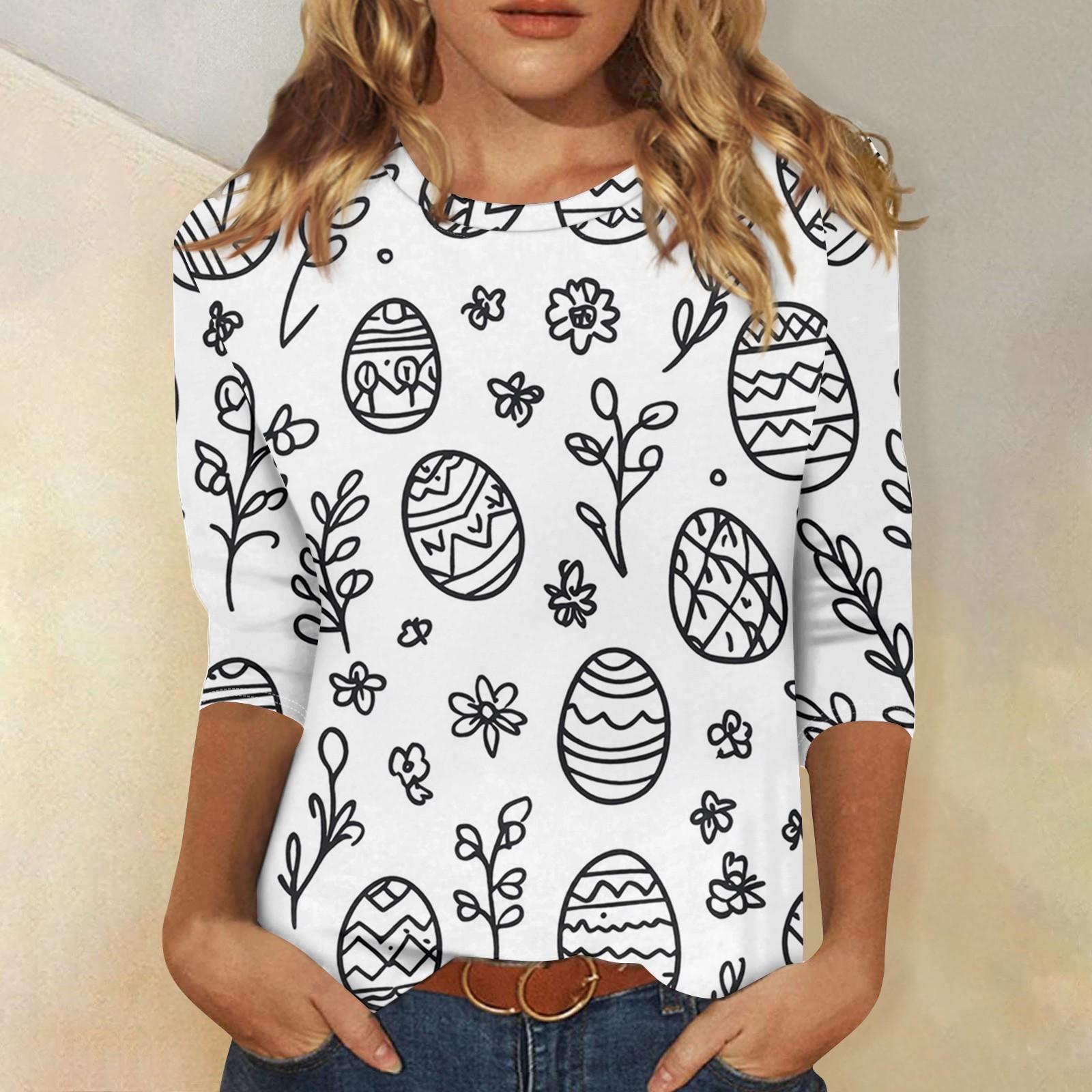 

Women s Fashion Casual Seven Sleeve Easter Printed Round Neck T-Shirt Top XL білий