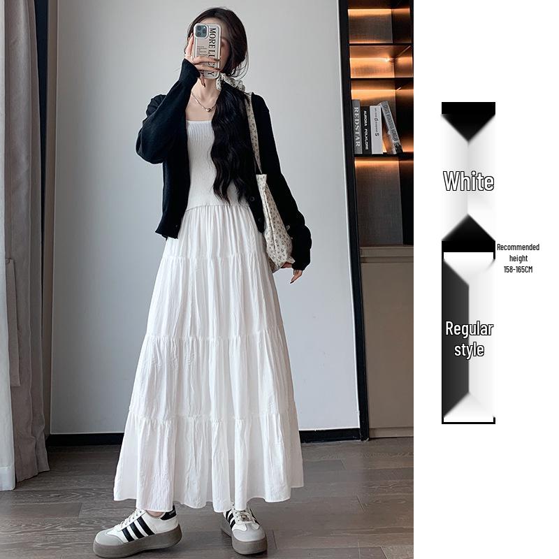 White A-line High Waist Pleated Long Skirt for Women - Spring/Summer 2026 Slimming Petite Layered Umbrella Design