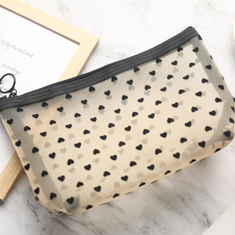 Mesh Cosmetic Makeup Bags Case Holder Zipper Heart Printed Pencil Case Pouch