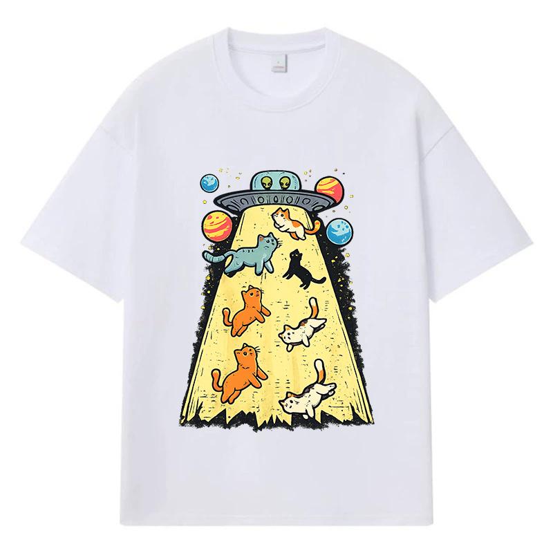 2026 Cats Abducted By UFO Printed Graphic Y2k Harajuku 100% Cotton T Shirt Casual Oversized Summer Men T-shirt