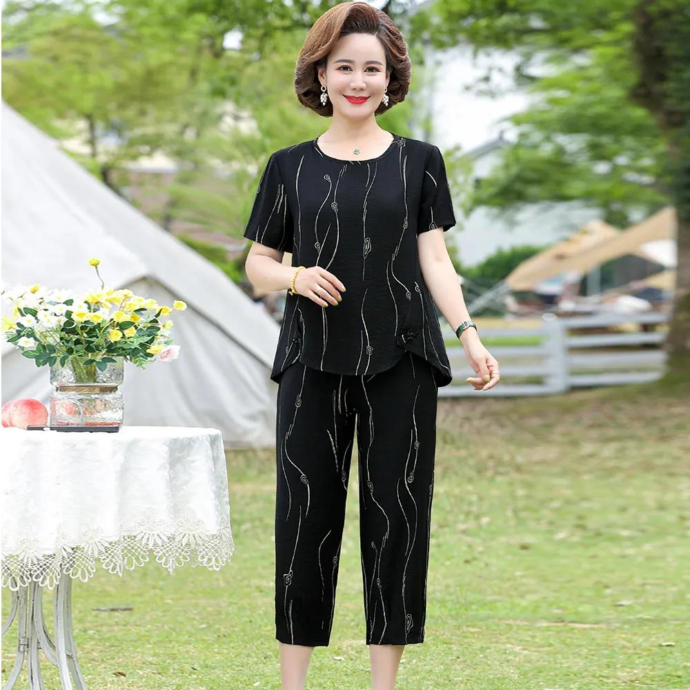 Damen Sommer Design Locker Große Größe Anzug Mittelalterliche und Ältere Bequeme Lässige Kurzarm Oberteil + Hose Zweiteiliges Set