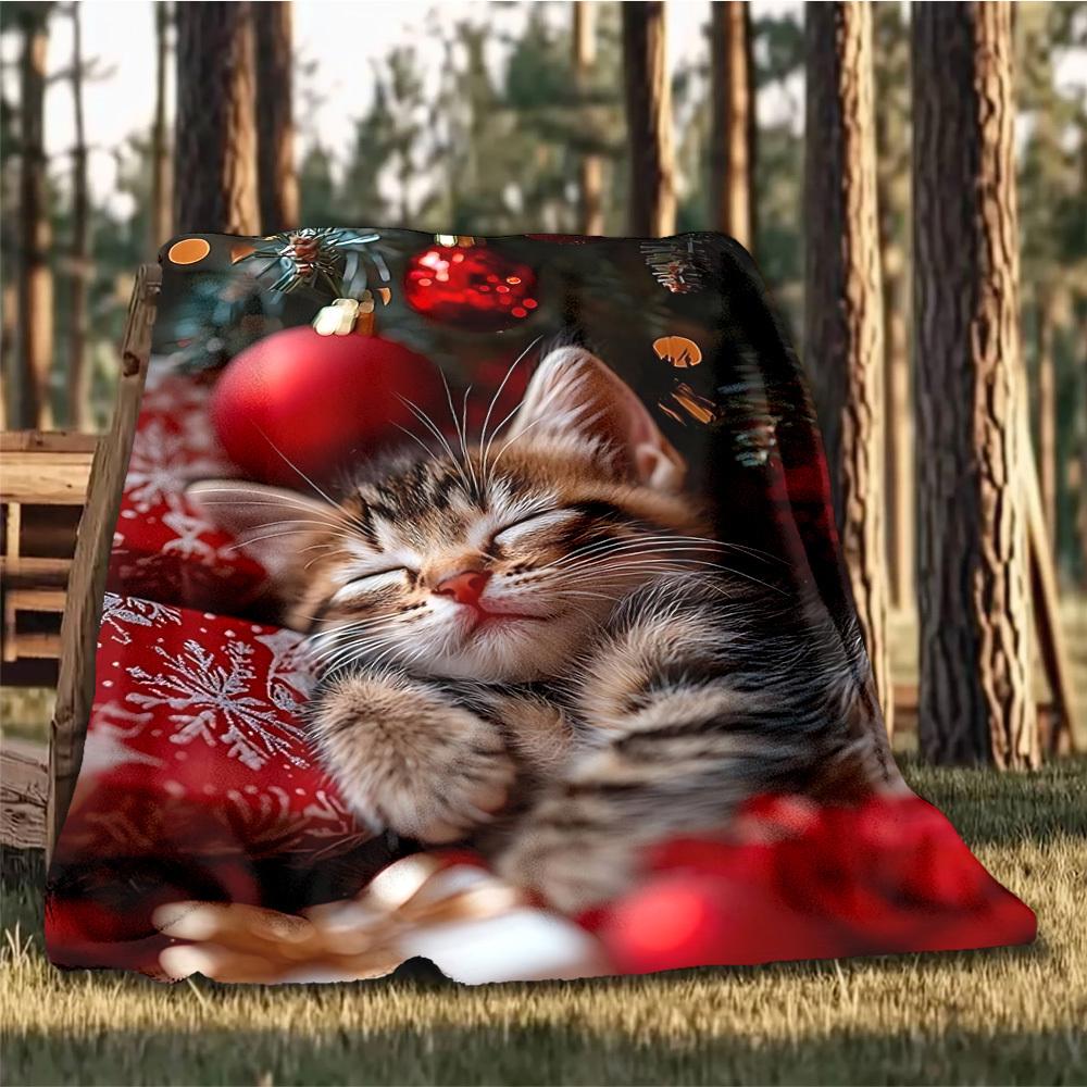1pc Christmas Kitten Outdoor Flannel Blanket Soft All Season Polyester Throw , Perfect for Picnics & Travel , Picnic Accessory