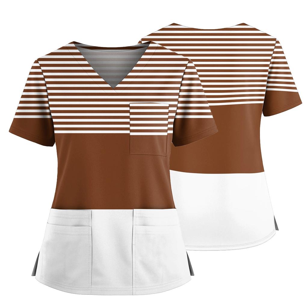Damski casualowy top z nadrukiem z dekoltem w serek, kieszenią i rozcięciem po bokach, z krótkim rękawem