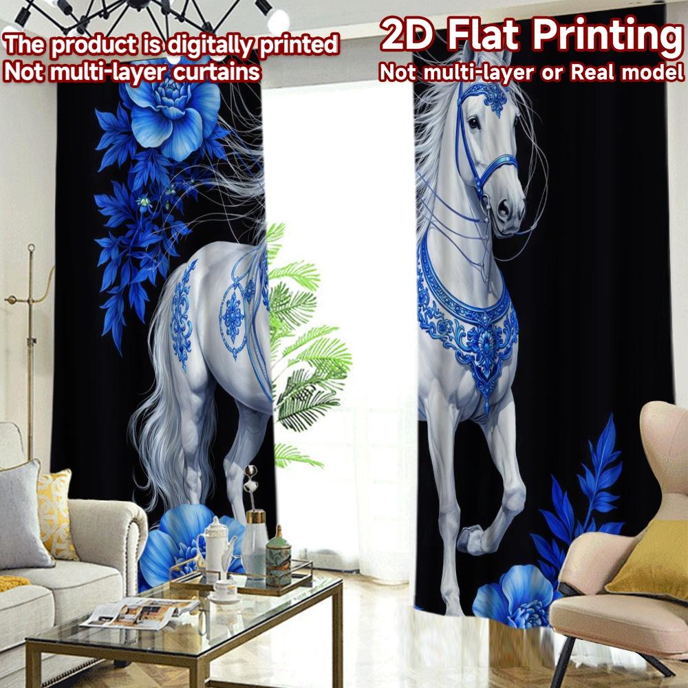 2D FLAT PRINTING 2pcs Curtains (Without Rod) Blue Floral Horse Design Chic Curtain Fabric Prints Light Filtering Curtains