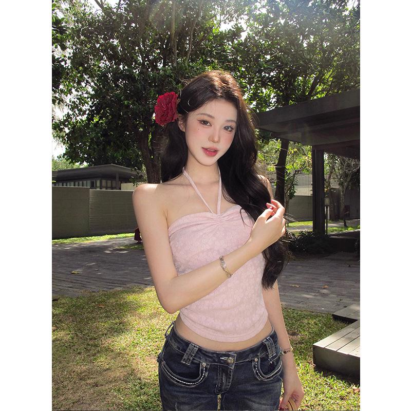 Růžový květinový šněrovací bandeau top - Dámský jarní/letní zeštíhlující top bez rukávů
