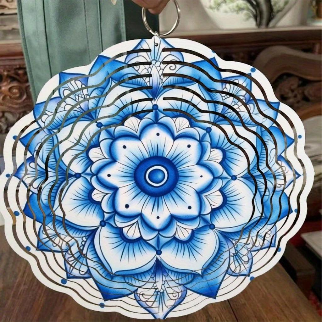2D Mandala Flower Metal Wind Spinner - Blue & White Kinetic Hanging Decor for Indoor/Outdoor Use, Perfect Christmas & Thanksgiving Gift
