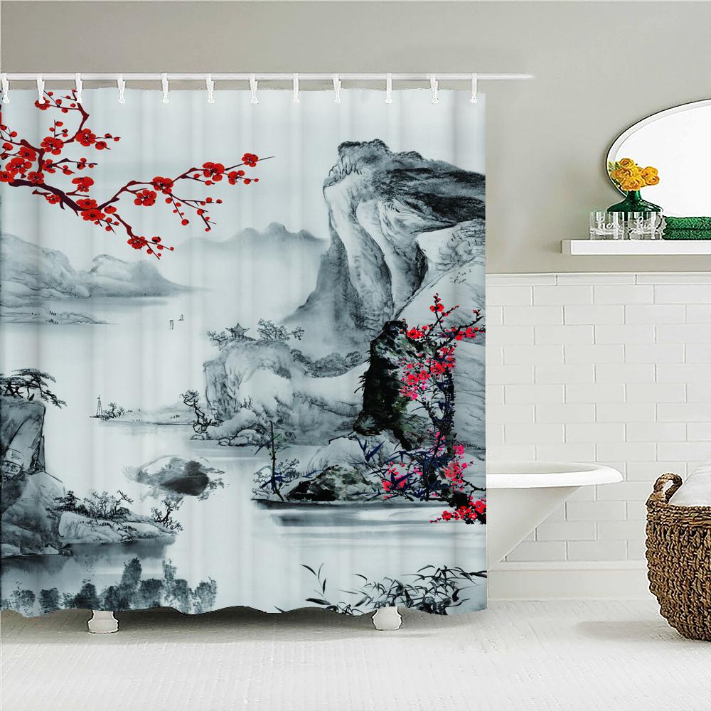 Chinese Style Flowers Bird Scenery Waterproof Shower Curtain Bath Curtains 3d Printing Bathroom with Hooks Washable Cloth Screen
