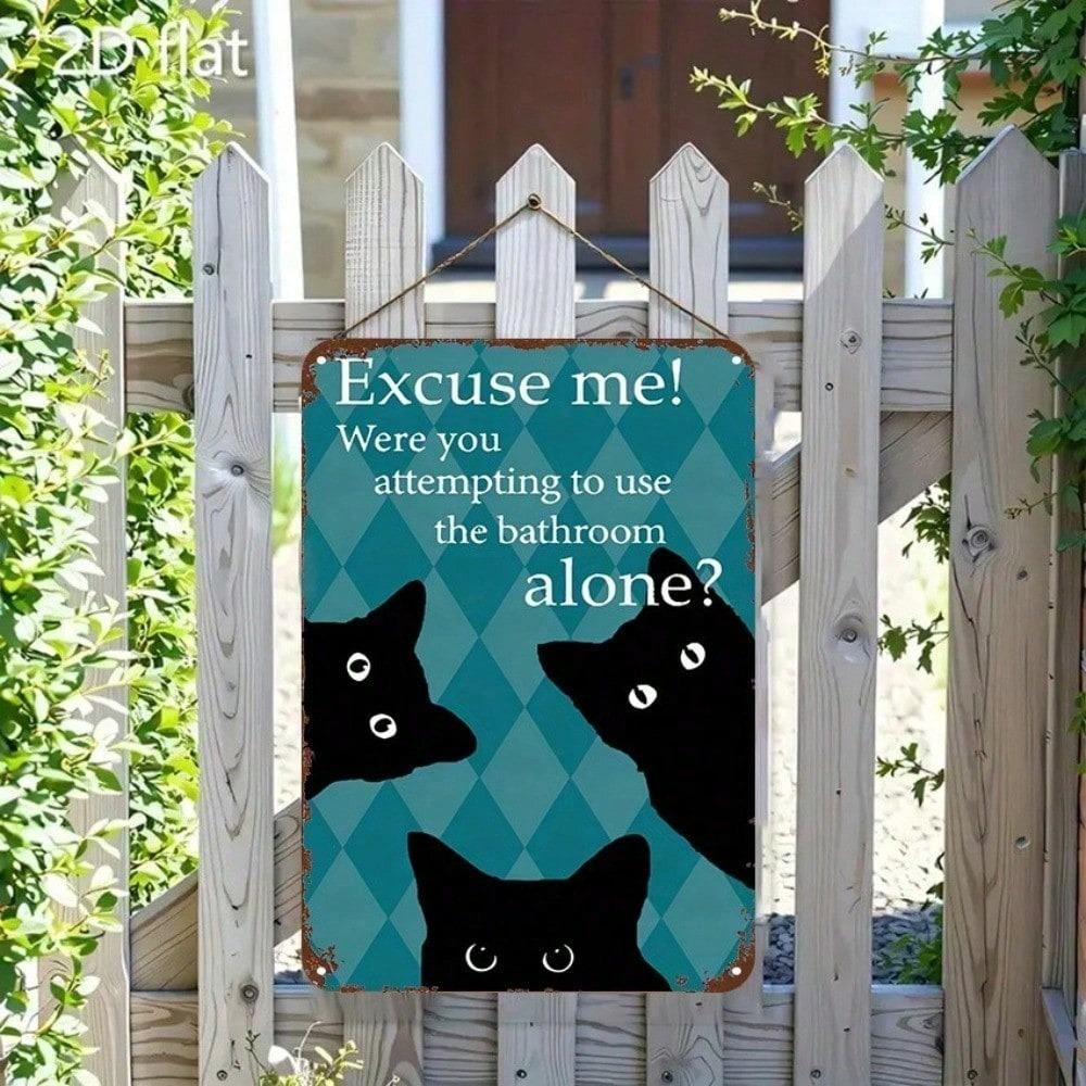 Funny Cat Metal Wall Sign 8x12in Novelty Bathroom Decor Vintage Iron Plaque Art