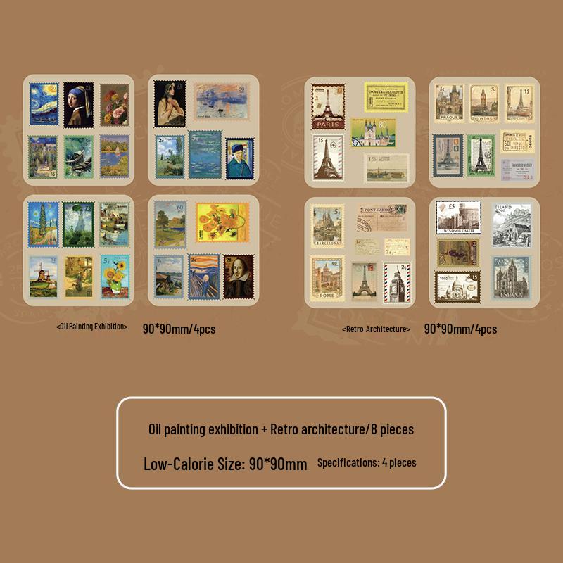 Vintage Literarische Zeitschriften & Postkarten Aufkleber: Amerikanische Briefmarken, Ölgemälde, Architektur des Dampfzeitalters